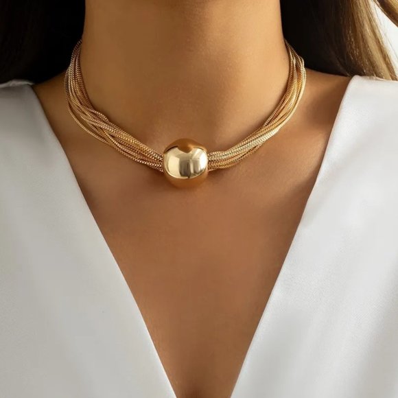 Gold Twisted Multi Chain Exaggerated Sphere Ball Statement Choker Necklace NEW - Picture 9 of 9